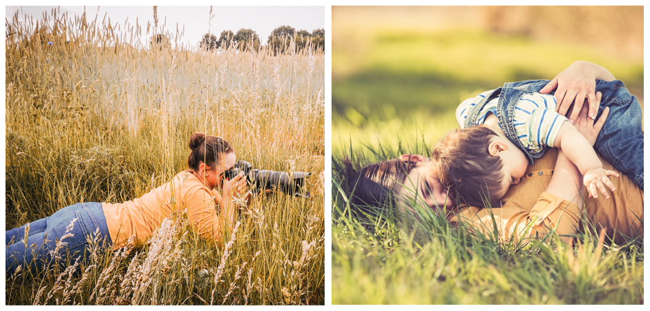 Collage aus zwei Bildern mit Fotografin in der Wiese und Frau mit Kind in der Wiese